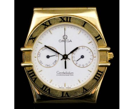 A modern gentleman's Omega constellation chronograph wrist watch, the white finish dial sweep seconds hand and day and date d