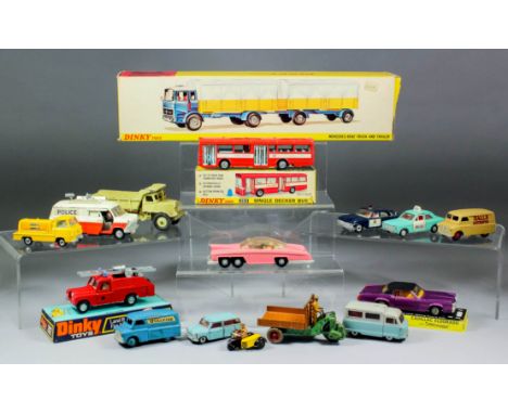 A collection of Dinky diecast model cars, including - a Mercedes Benz truck and trailer No.917, in original box (fair conditi