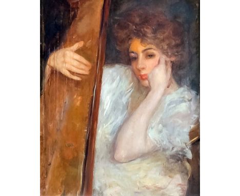 Albert de Belleroche (1864-1944) - Oil painting - Countess de Belleroche with harp, 27ins x 21ins, apparently unsigned, in gi