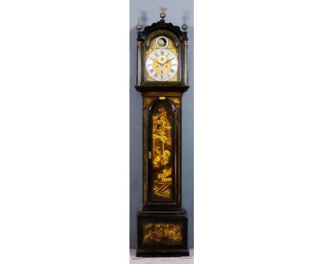 A mid 18th Century black japanned and gilt decorated longcase clock by James Robinson, Wellclose Square, London, the 12ins ar