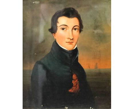 Early 19th Century English school - Oil painting - Shoulder length portrait of a young man in green coat, with two sailing ve