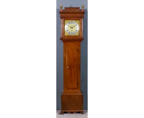 An 18th Century oak longcase clock by John Silke of Elmstead, the 11ins square brass dial with silvered chapter ring with Rom