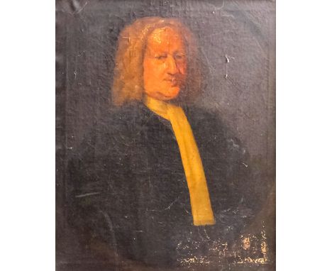 18th Century British school - Oil painting - Shoulder length portrait of a cleric wearing wig and collar, canvas 30ins x 25in