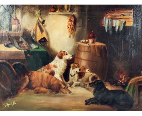 Manner of George Armfield (1808-1893) - Oil painting - Cottage interior with sporting dogs and dead game, canvas, 12ins x 16.