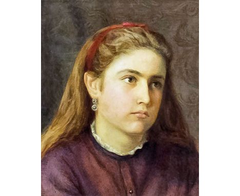 Style of John Everett Millais (1829-1896) - Watercolour - Shoulder length portrait of a young girl with red ribbon in her hai