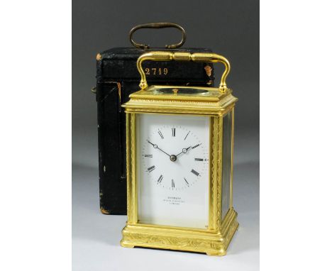 A good late 19th Century French carriage clock retailed by Bennett, 65 & 64 Cheapside, London, the white enamel dial with Rom
