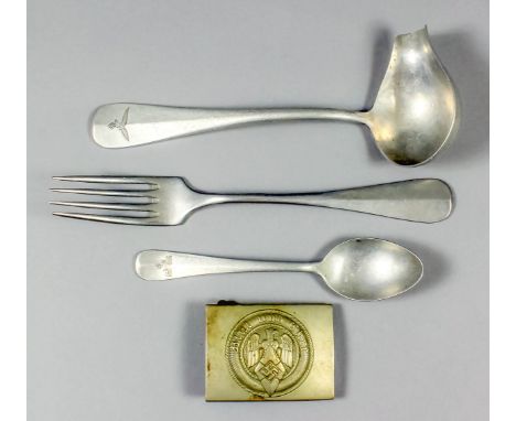 Three pieces of World War II military flatware, comprising - One sauce ladle, stamped eagle over swastika, "FLUV" and "HMZ37"