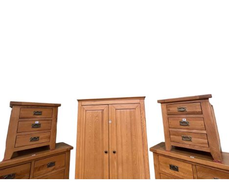 Pair contemporary light oak three drawer pedestals, 63.5cm by 55cm by 42cm.