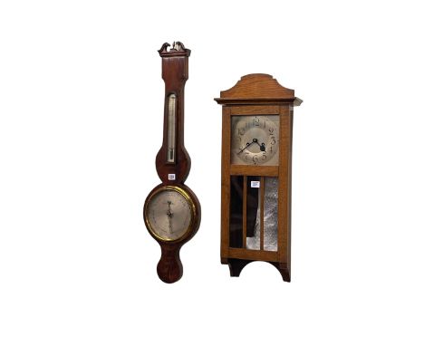 Antique mahogany banjo barometer and 1920's/30's oak wall clock (2).