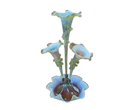 Vaseline glass three trumpet epergne, 48cm.