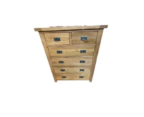 Contemporary light oak chest of two short above four long drawers, 120cm by 95cm by 44cm.