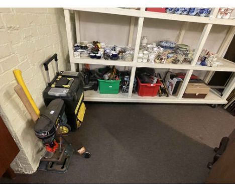 Collection of tools including bench saw, drill, tool boxes, etc.