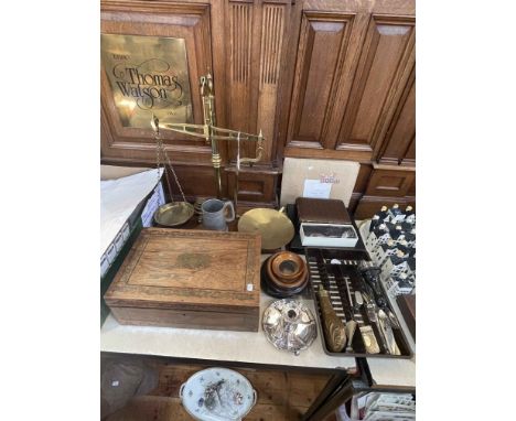Brass balance scales, chamber candlestick, miniatures, writing box, powder flask, flatware, etc.