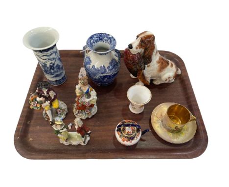 Tray lot with Royal Doulton Spaniel HN1001, Continental figures, Spode and Chinese vases, etc.