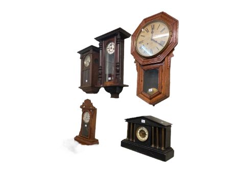 Three various Victorian and later wall clocks, Victorian slate mantel clock and eight day mantel clock (5).
