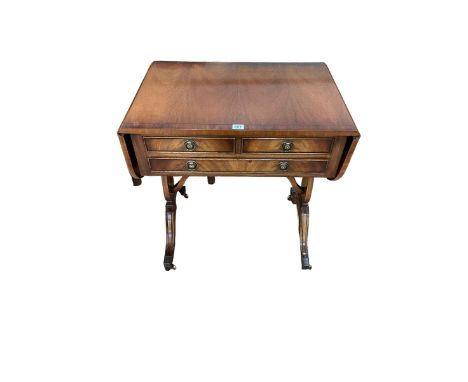 Bevan Funnell Ltd Reprodux mahogany and line inlaid three drawer sofa table, 71cm by 67cm by 46cm (leaves down).