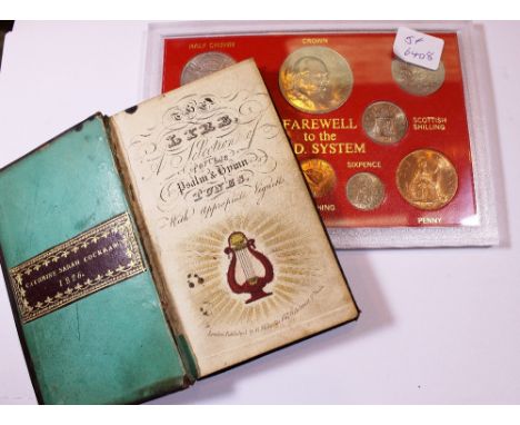 Coin set including Churchill crown and vintage hymn book c1826