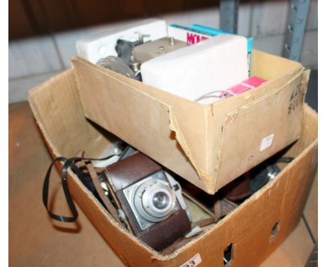Box of mixed vintage cameras and related equipment