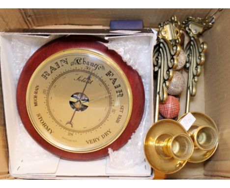 Collection of items including barometer, brass sconces etc