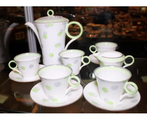 Shelley Regency coffee set in green polka dot design 5 cups, saucers, cream and coffee pot 