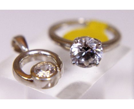 Sterling silver CZ solitaire ring and pendant set, size K