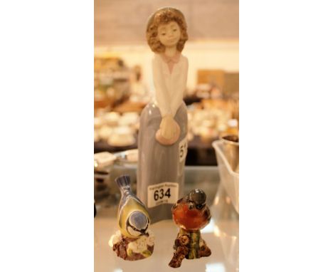 Nao figurine of a girl and two Beswick birds; Chaffinch and blue tit 