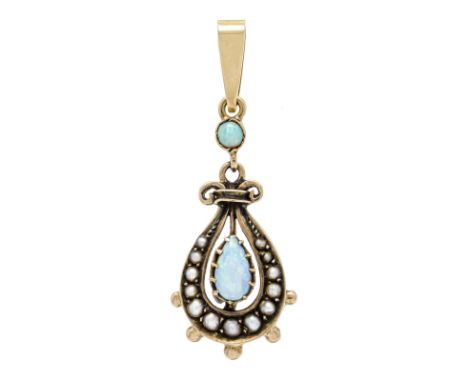 Opal-Anhänger RG 585/000 ungest. gepr., mit einem tropfenförmigen und einem runden Opal-Cabochon 6 x 3 und 2,5 mm mit gutem F