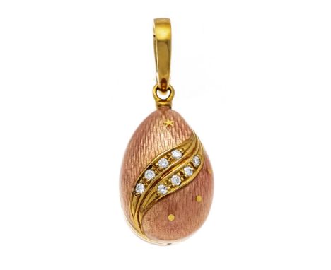 Fabergé Emaille-Clip-Anhänger GG 750/000 in Ei-Form mit farbiger Emaille und 8 Brillanten, zus. 0,08 ct TW/VS, L. 29,5 mm, Nr