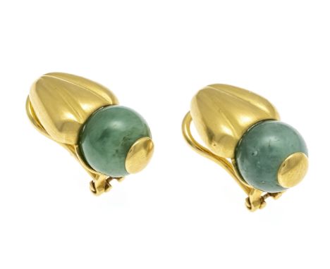 Jade-Clipohrstecker GG 750/000 ungest., gepr., mattiert, mit 2 Jade-Kugeln 10 mm, Grün, transluzent - opak, L. 10,7 g
