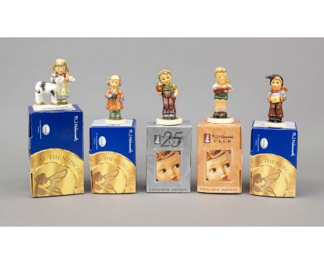 Konvolut aus 5 Hummelfiguren, Goebel, darunter: Nicht so hastig, MIHC-Tag 2006, 2005, sign., polychrom bemalt, Modellnr. 2231