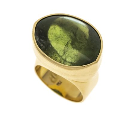 Turmalin-Ring GG 750/000 Goldschmiedeanfertigung, mit einem Turmalin-Cabochon, natürlicher Verdelith 43,0 ct in einem leicht 