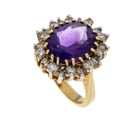 Amethyst-Brillant-Ring GG/WG 416/000 ungest., gepr., mit einem oval fac. Amethyst 12 x 9,6 g und 20 Brillanten, zus. 0,80 ct 