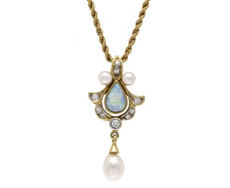 Opal-Perlen-Anhänger GG 585/000 mit einem tropfenförmigen Opal-Cabochon 7,5 x 5,4 mm mit lebhaftem Farbenspiel, einer tropfen