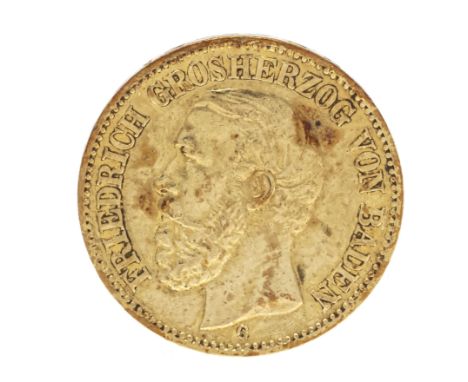 Goldmünze 20 Mark Deutsches Reich 1874, G, Friedrich Großher. v. Baden , 7,92 g, Durchm. 22,5 cm