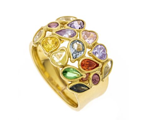 Multicolor-Ring GG 750/000 mit 15 unterschiedlich fac. Farbsteinen 5 - 2 mm, darunter Quarze und Turmaline, RG 55, Orotop ges