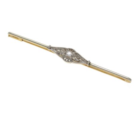 Art Déco-Stabbrosche GG/WG 585/000 mit einem Altschliff-Diamanten 0,05 ct l.get.W/SI, L. 65 mm, 3,5 g
