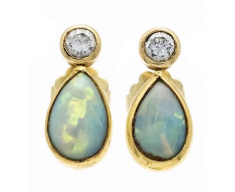 Opal-Brillant-Ohrstecker GG 750/000 mit 2 tropfenförmigen Opal-Cabochons 9,5 x 6,2 und 9 x 6 mm in gutem - leichtem Farbenspi
