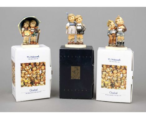 Konvolut aus 3 Hummelfiguren, Goebel, darunter: Unter einem Dach, 1984, sign., polychrom bemalt, Modellnr. 71/2/0, H. 12 cm; 