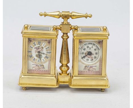Reiseuhr und Barometer, 2.H.20.Jh., Messing vergoldet mit oben angebrachter Handhabe, vorne und oben facettiert verglast, uml