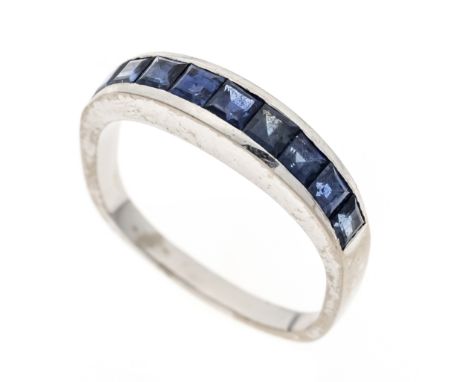 Saphir-Riviére-Ring WG 750/000 mit 9 fac. Saphir-Carrées 2,7 - 2,4 mm, evtl. Synthesen, RG 54, 4,0 g