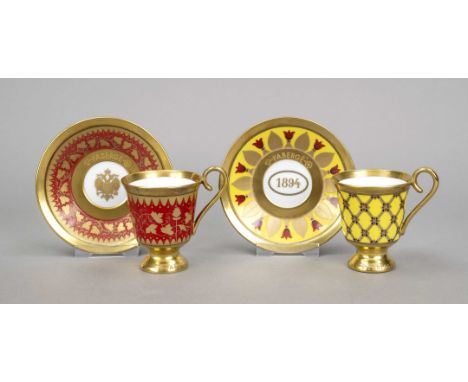 Zwei Tassen mit UT, ''Höchst für Fabergé'' , 21. Jh., Dekors in versch. Farben, reiche Ziervergoldung, aus der Serie ''Eremit
