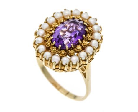 Amethyst-Perlen-Ring GG 585/000 mit einem oval fac. Amethyst 12,2 x 8,5 mm mit weißen Orientperlen 2,5 mm, RG 62, 11,1 g