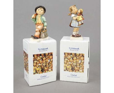 Konvolut aus 2 Hummelfiguren, Goebel, darunter: Wanderbub ohne Hund, Entwurfsjahr 1935, sign., polychrom bemalt, Modellnr. 7/