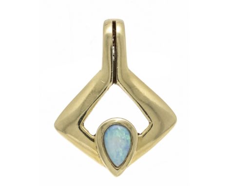 Opal-Anhänger GG 585/000 mit einem Tropfen-förmigen Opal 6 x 4 mm in gutem Farbenspiel, L. 23 mm, 3,7 g