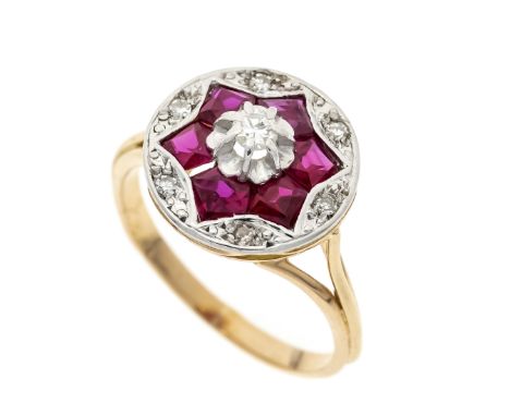 Art Déco Blüten-Ring RG/WG 750/000 ungest., gepr., mit 7 Achtkant-Diamanten, zus. 0,11 ct W/VS-SI und 6 im pentagonalen Fanta