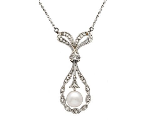 Art Déco-Collier GG 750/000 gest., und Silber , ungest., gepr., mit einer weißen Akoyaperle 6 mm und Diamantrosen, Kastenschl