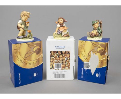 Konvolut aus 3 Hummelfiguren, Goebel, darunter: Der Blumenfreund, 1990, sign., polychrom bemalt, Modellnr. 349/0, H. 13 cm; D