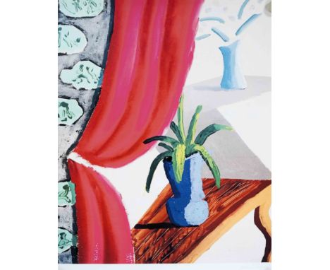 David Hockney (*1937), Stillleben mit rotem Vorhang, Giclée-Print auf Papier, u. re. handsign., oberer Rand wohl leicht besch