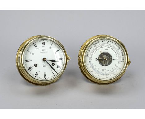 Konvolut aus ''Schatz'' Schiffsuhr und Barometer/Termometer, Messing vergoldet, Gehäuse am Barometer gerissen, weiße Metallzi