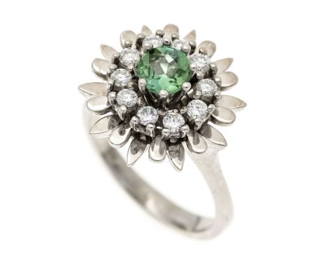 Turmalin-Brillant-Ring WG 750/000 mit einem rund fac. Turmalin 5 mm, Grün, transparfent mit wenig inneren Merkmalen und 10 Br